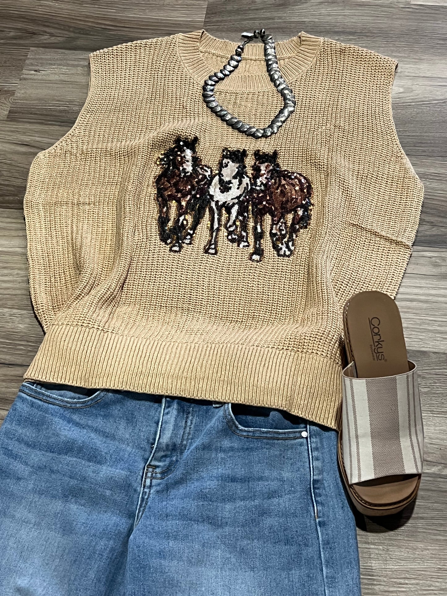 Parchment Sequin Horse Knitted Sweater Vest