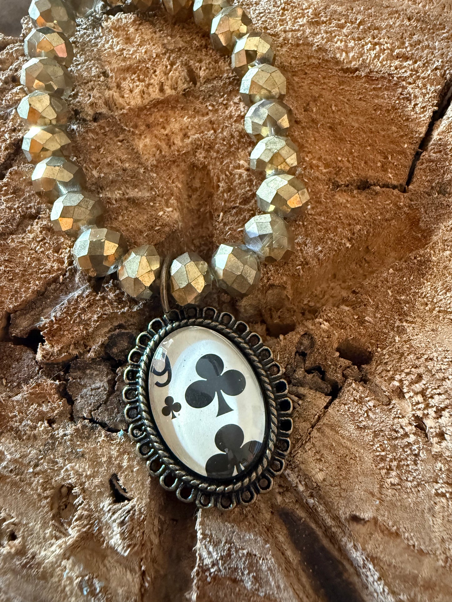 Aged Gold Bead with 9 of Clubs Charm Stretch Bracelet
