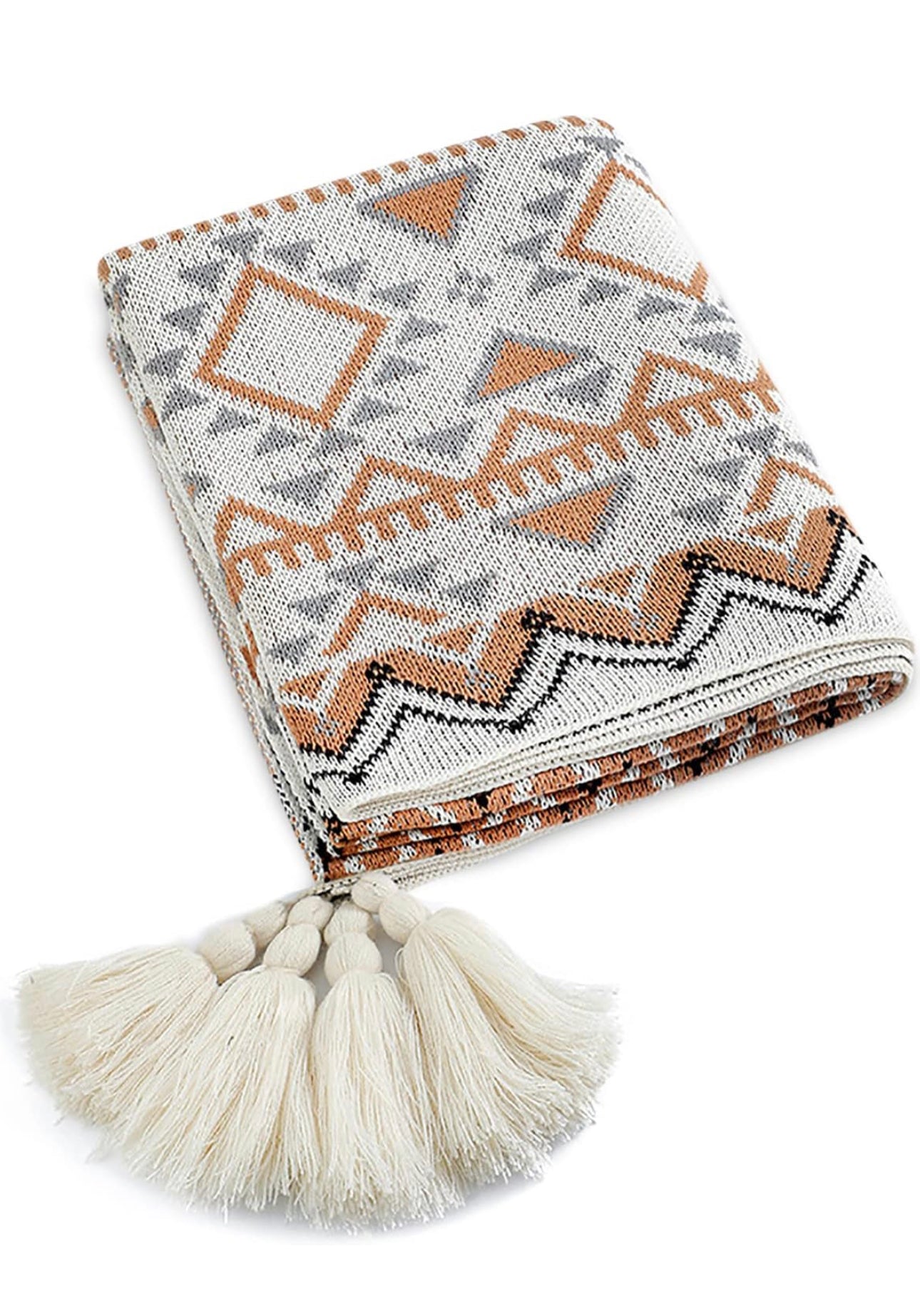 LumiSyne Knitted Throw Blanket Vintage Tassel Bohemian Geometric Pattern Cozy Throws Blanket