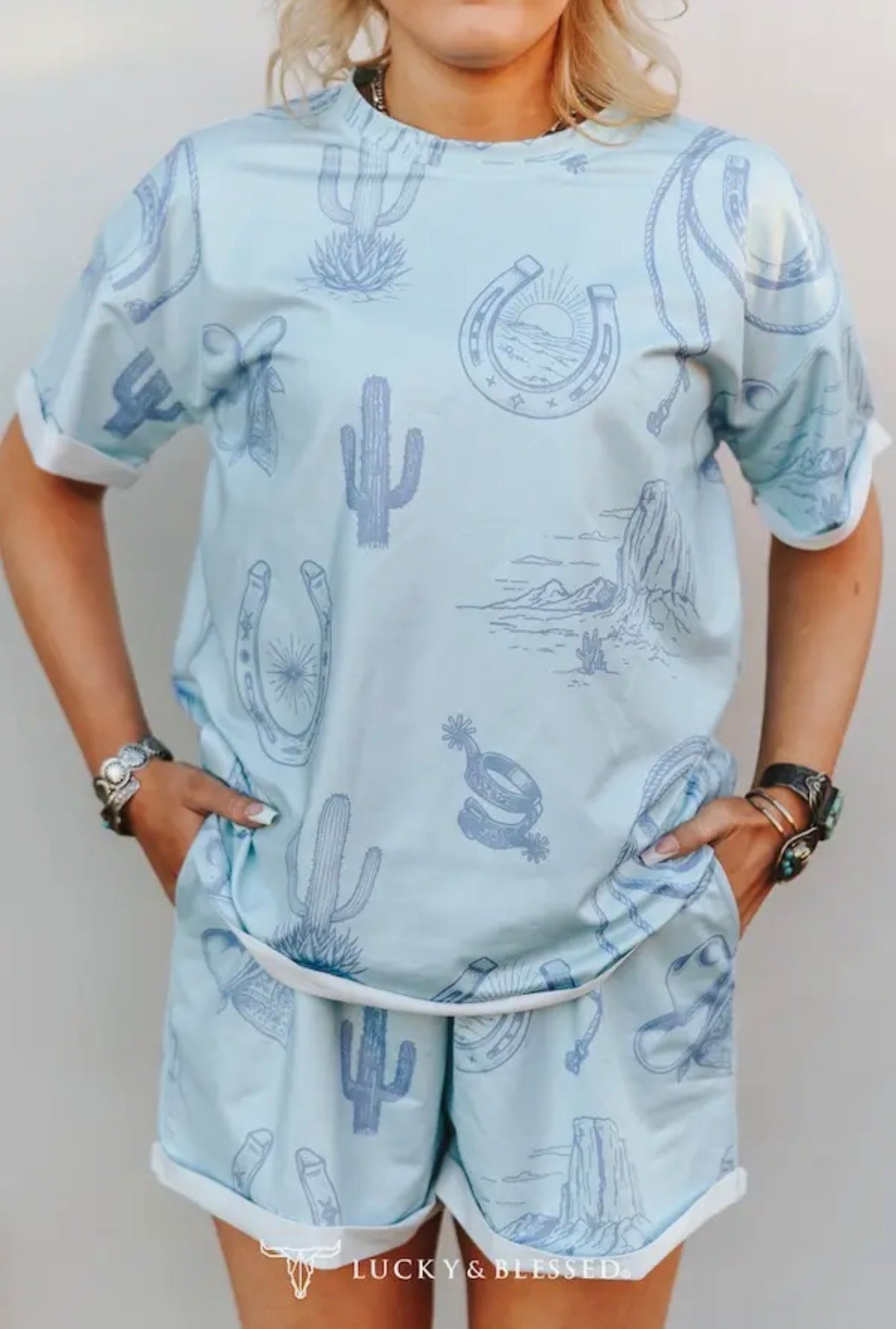 L & B Light Blue Western Printed Two Piece Set