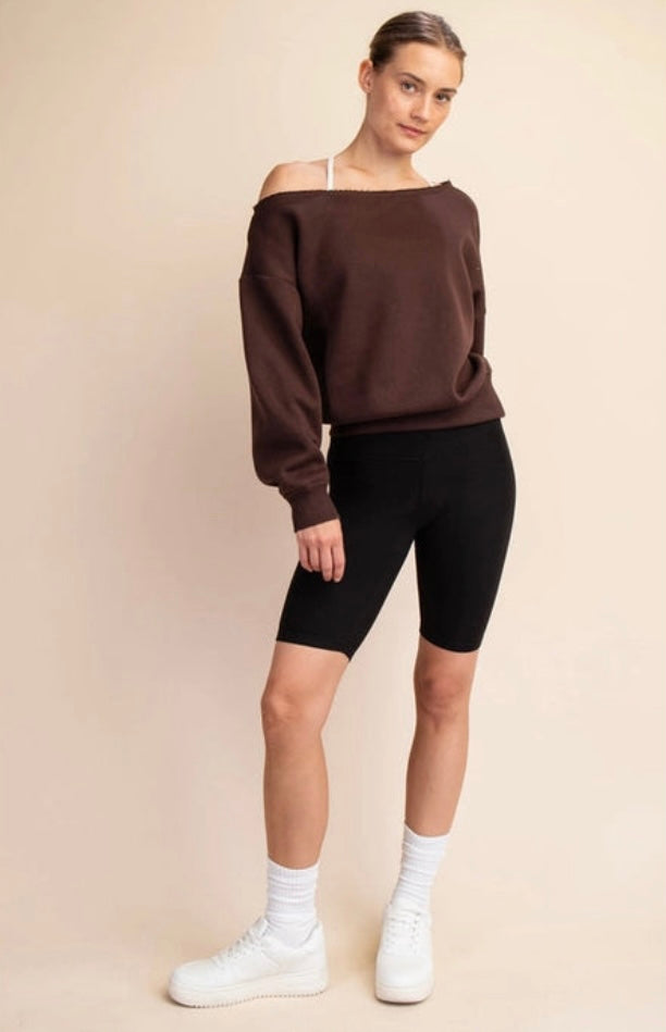 Rae Mode French Terry Fleece Off Shoulder Top Wide Neck Sweater