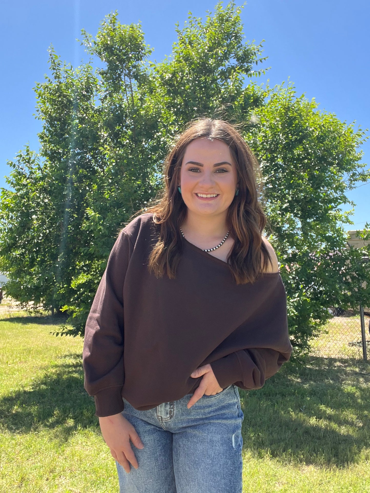 Rae Mode French Terry Fleece Off Shoulder Top Wide Neck Sweater