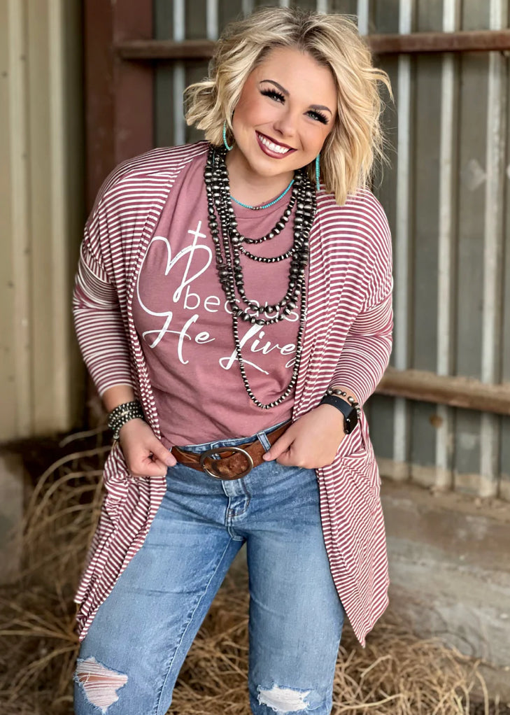 TEXAS TRUE THREADS
Mauve Striped Mid-Length Cardigan