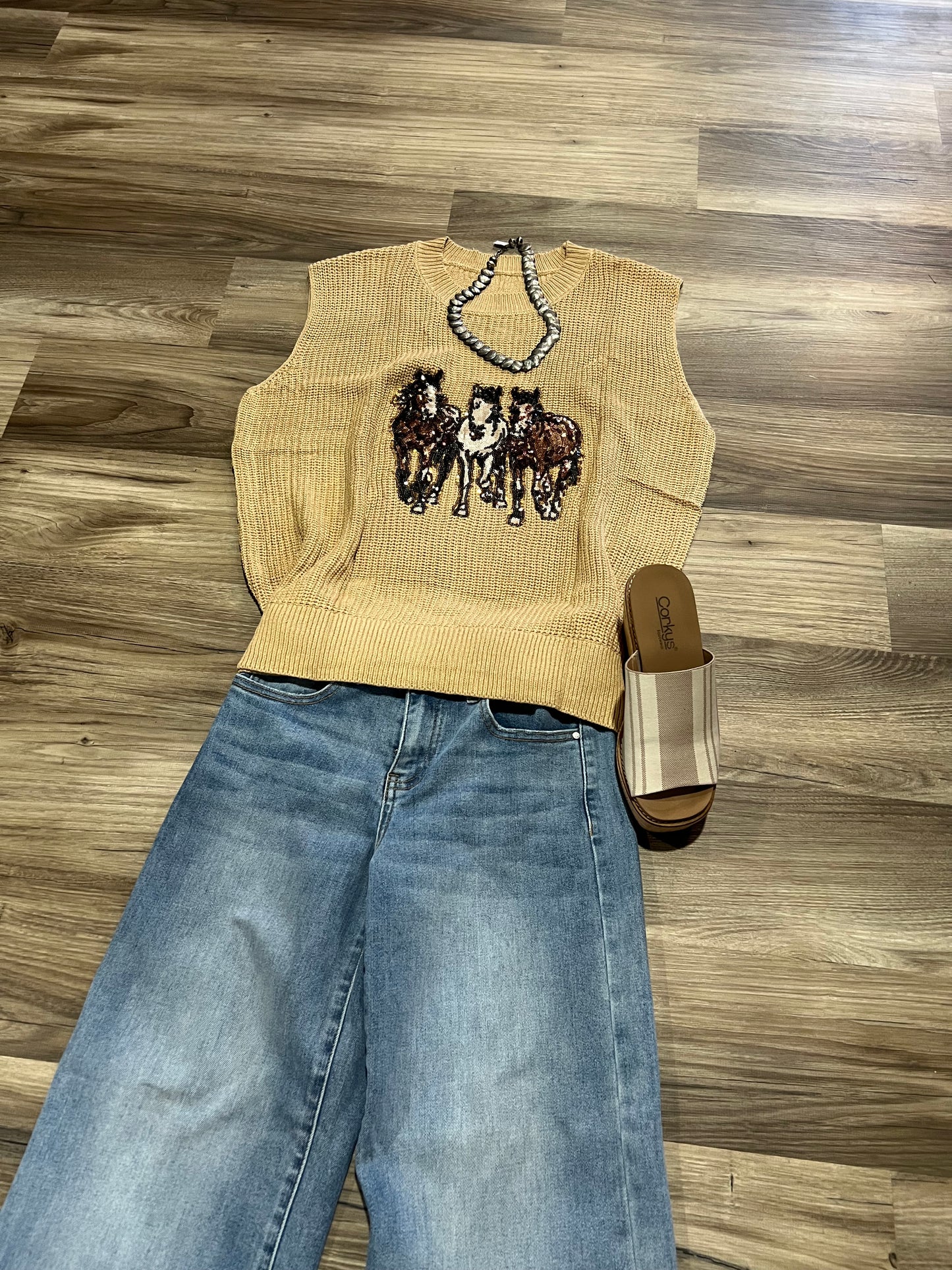 Parchment Sequin Horse Knitted Sweater Vest