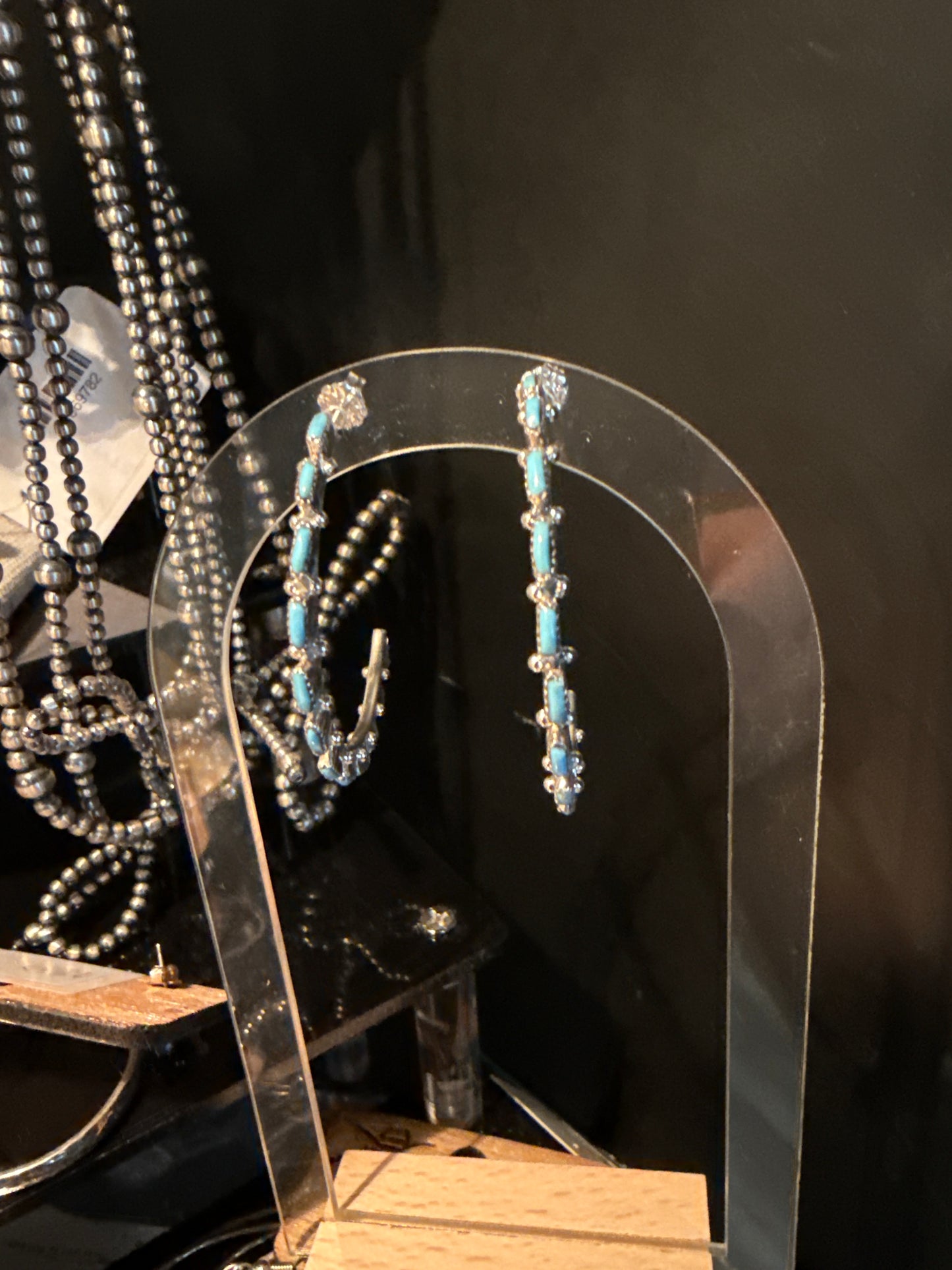 Zuni Needlepoint Handmade Turquoise Sterling Silver Hoop Earrings 2”