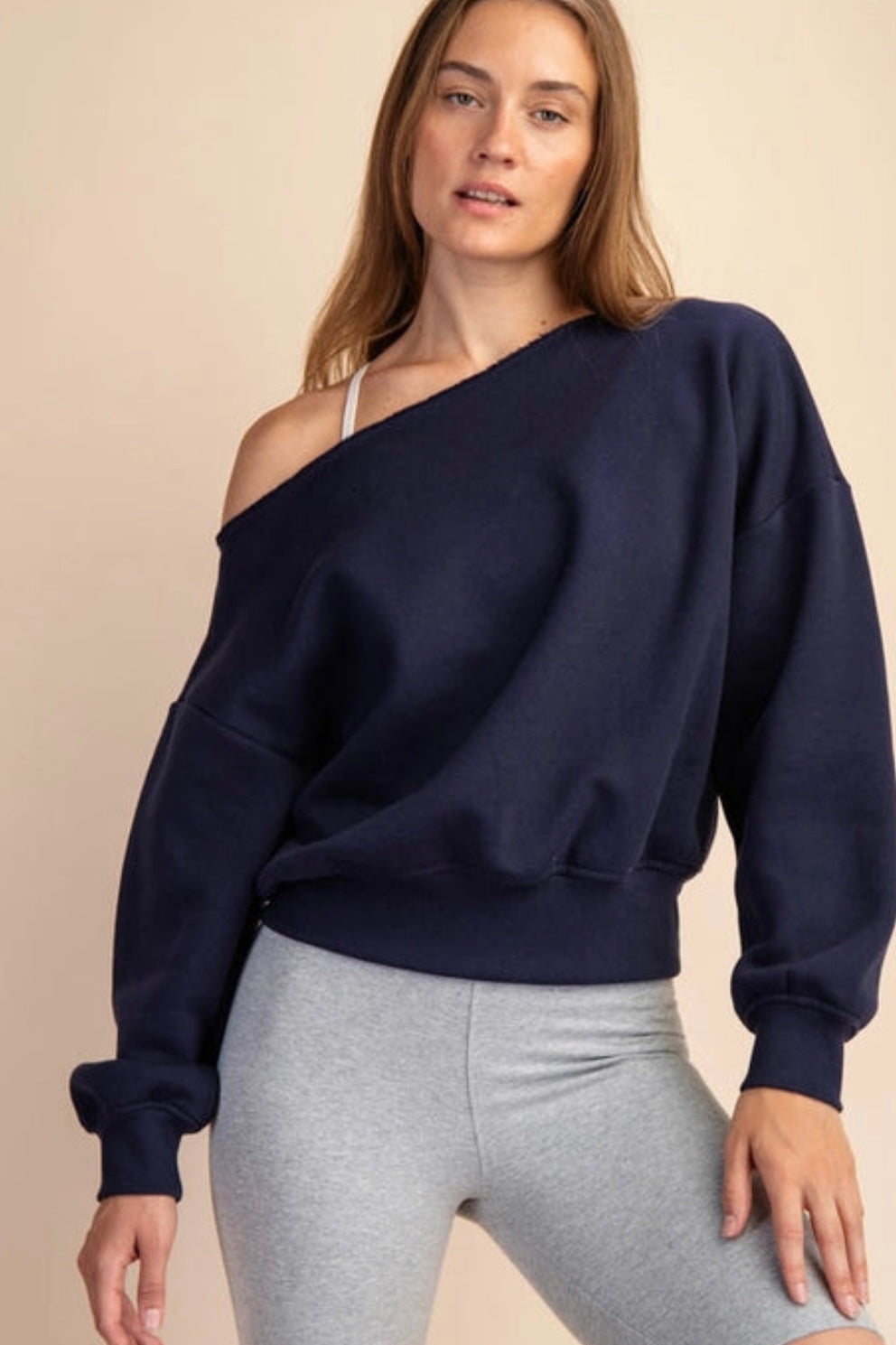 Rae Mode French Terry Fleece Off Shoulder Top Wide Neck Sweater