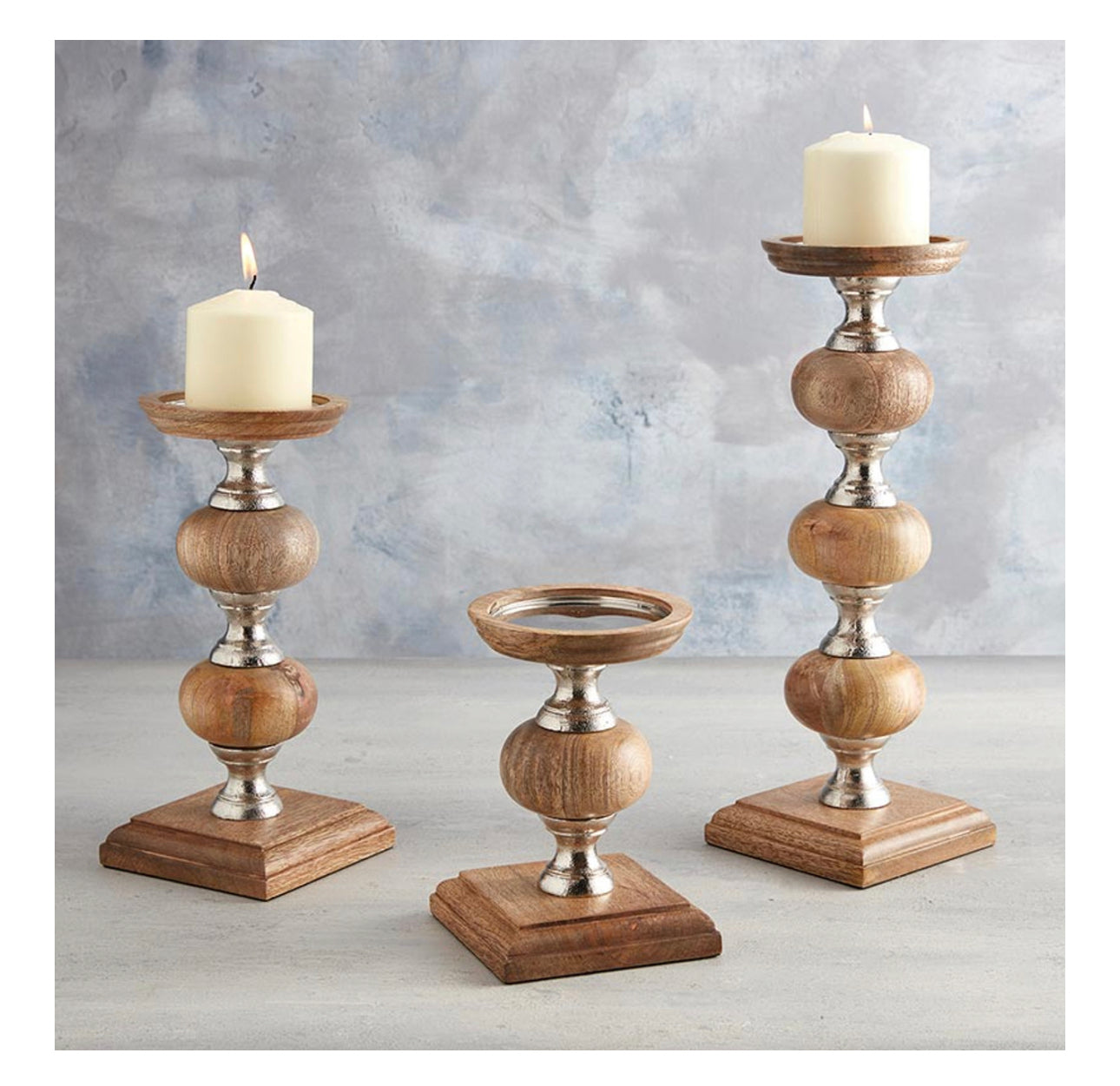 Wood & Silver Candle Holder - Large Med, Small