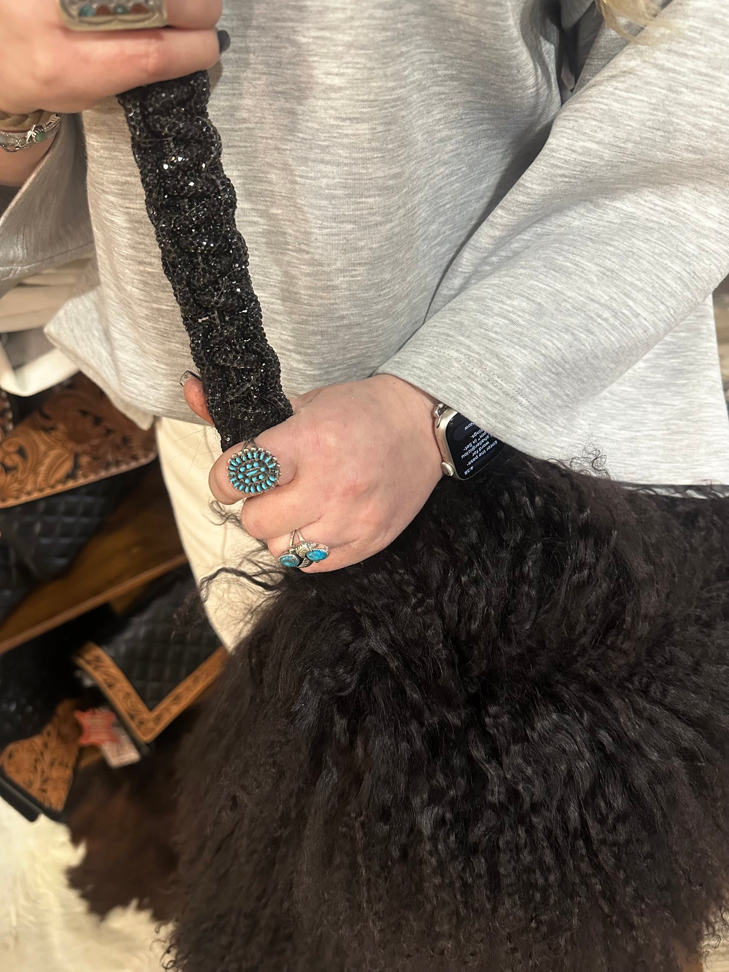 Mongolian Hair Messenger Purse Art by Amy with Rhinestone Rope Strap
