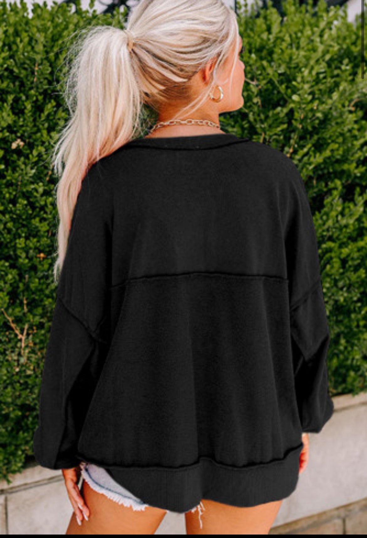 Black Drop Shoulder Henley Buttons Sweatshirt