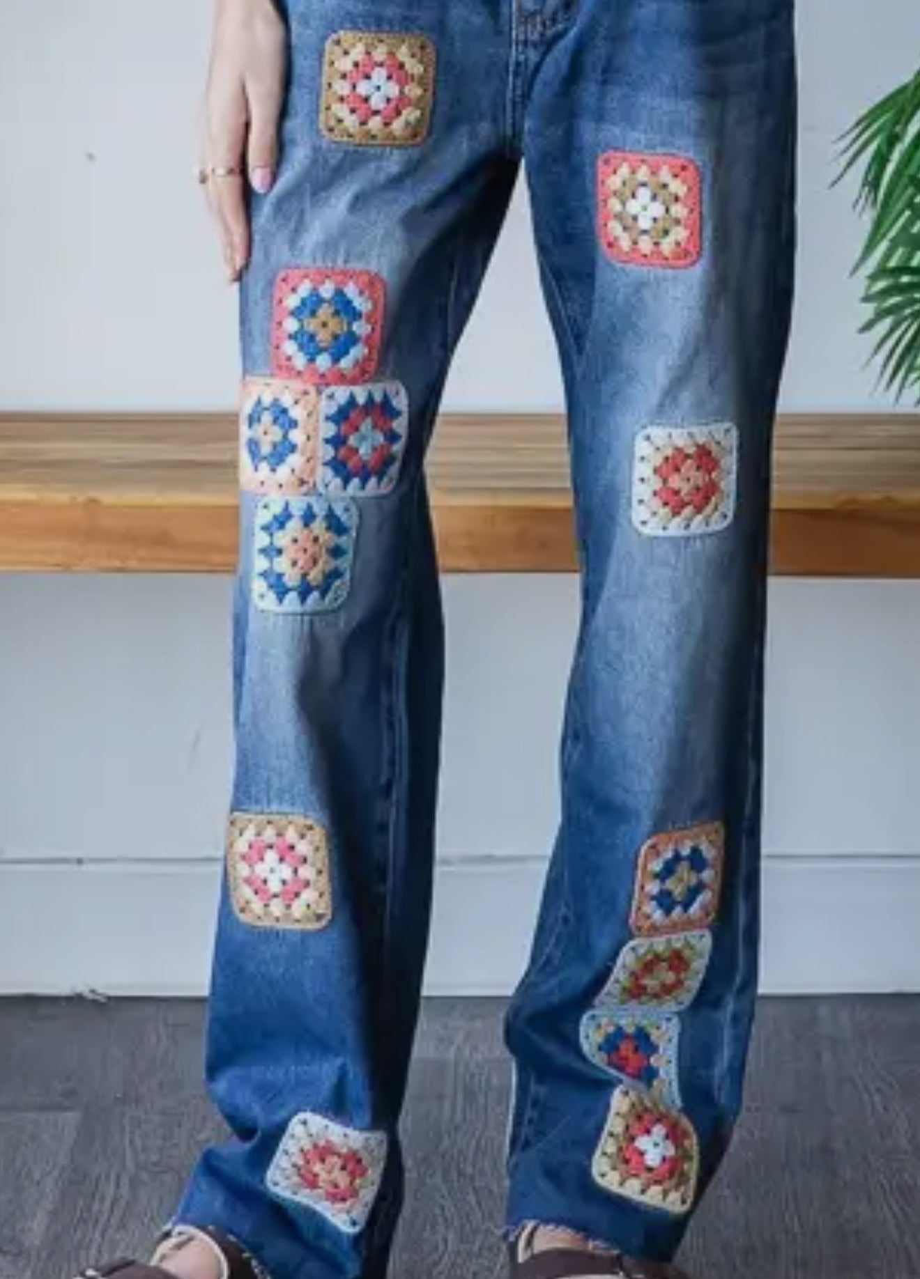 Washed Square Crochet Patchwork Denim Jeans