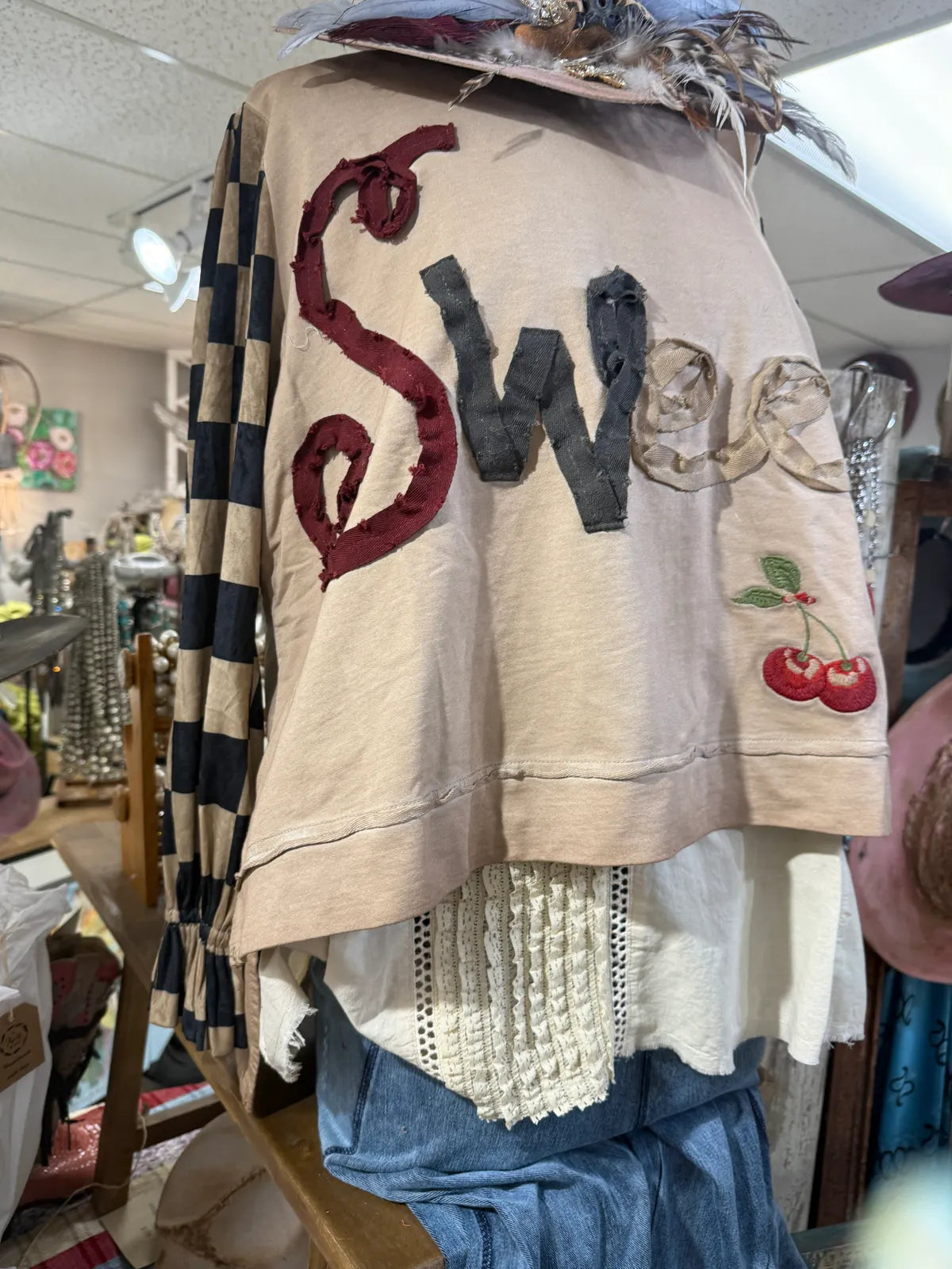 A Rare Bird - Sweet Cherry Shirt Chevked Silk Sleeve