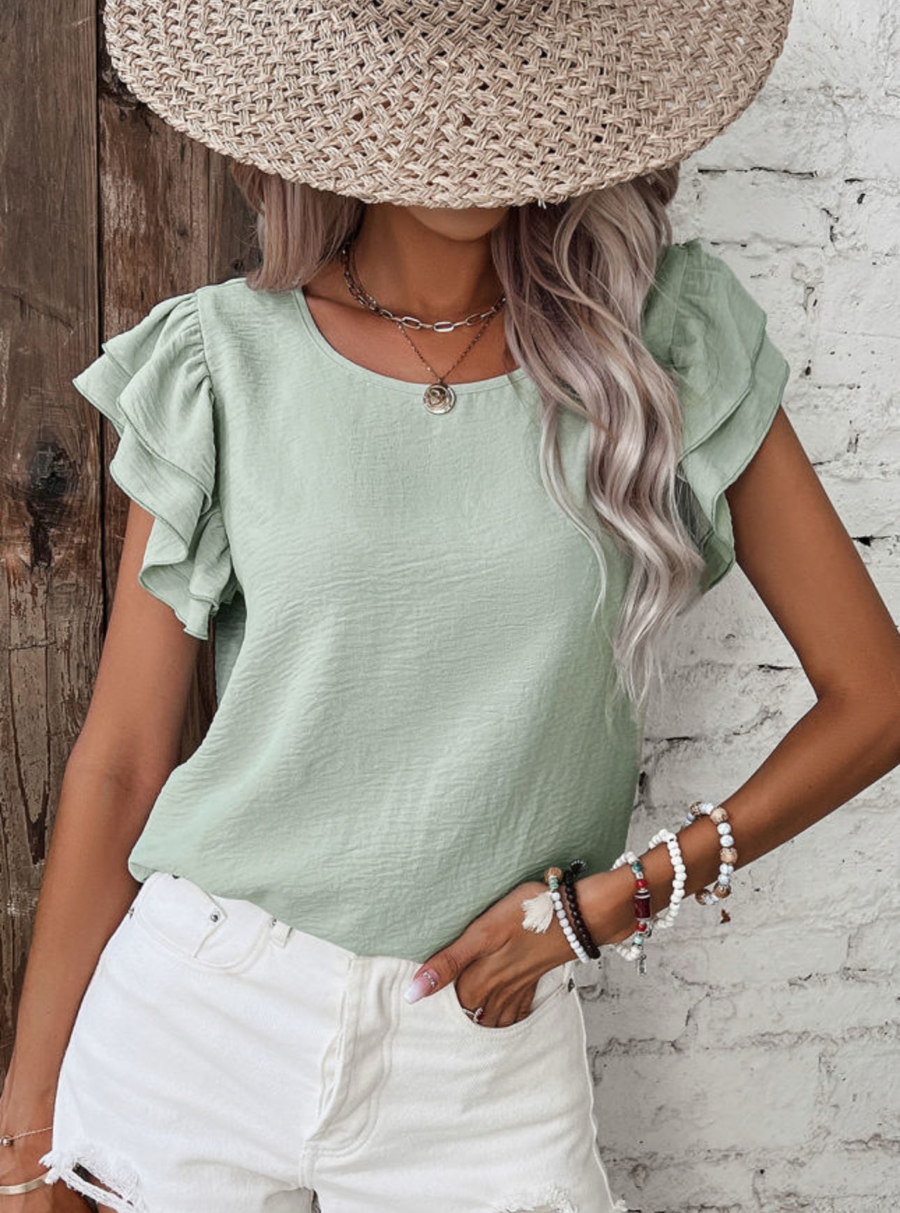 Clearly Auqa Short Ruffled Sleeve Blouse