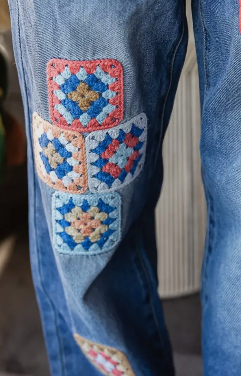 Washed Square Crochet Patchwork Denim Jeans