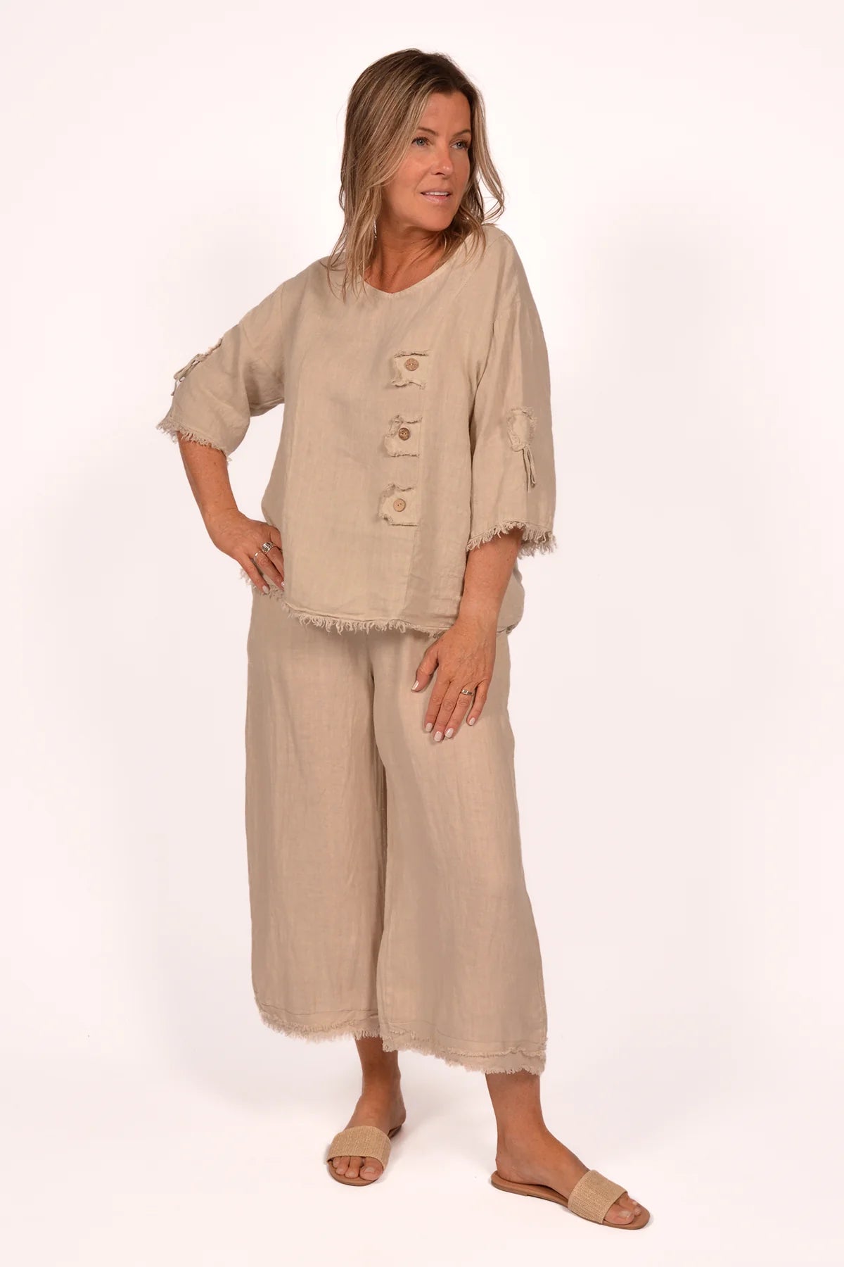 BE LINEN FRAYED EDGE PANTS Italy Collection O/S