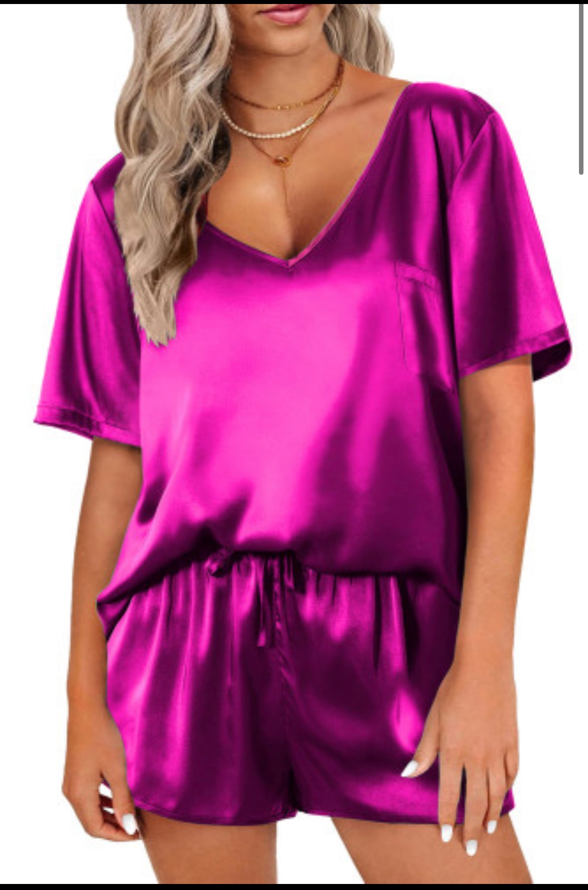 Bright Pink Satin V Neck Tee and Drawstring Shorts Set