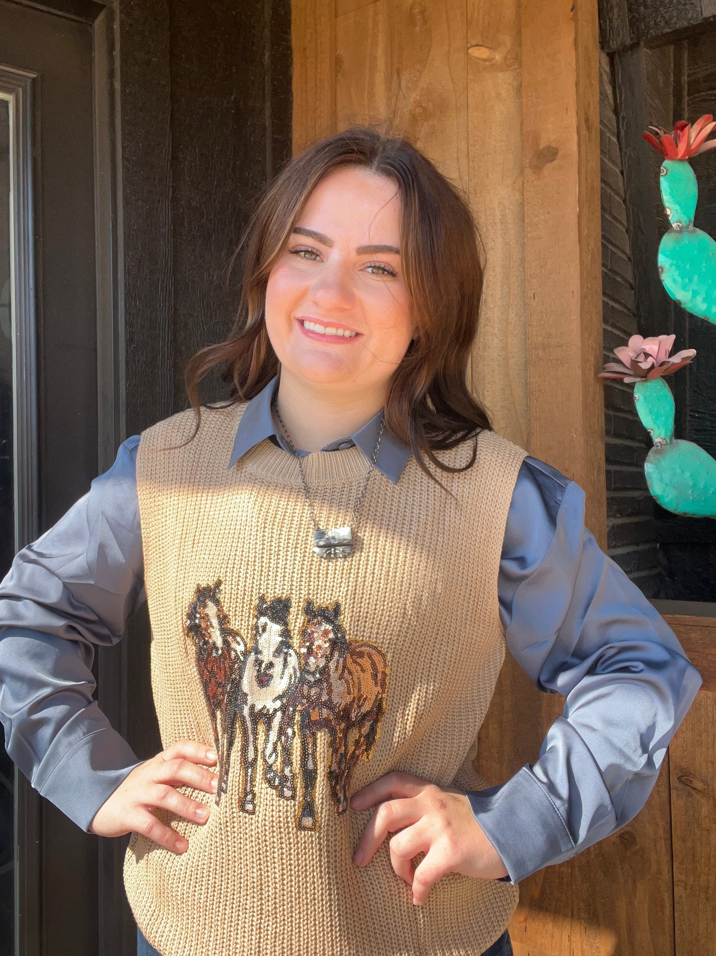 Parchment Sequin Horse Knitted Sweater Vest