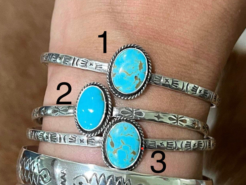 Navajo Handcrafted Marked Turquoise Sterling Stamped Cuff Bracelets