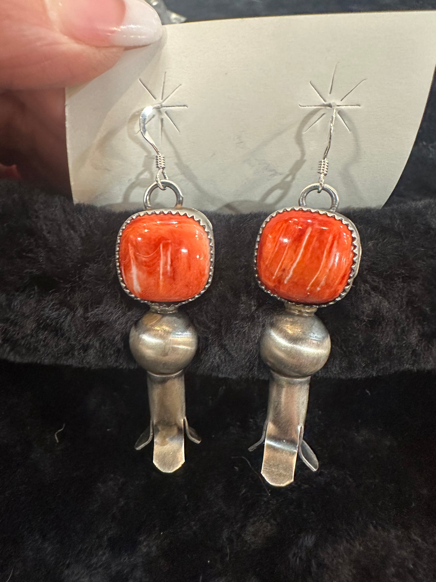 Navajo Handmade Tia Long SS Spiny Oyster Earrings