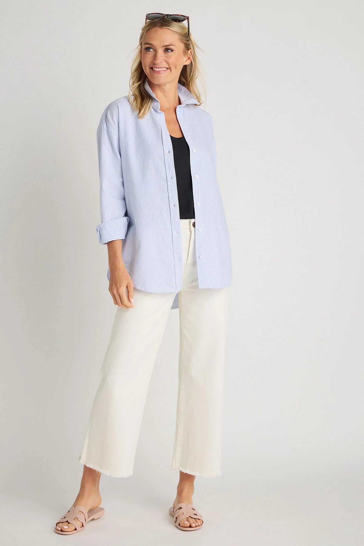 Beach Lunch Lounge Striped Button Down Shirt Sydney Blue Opal