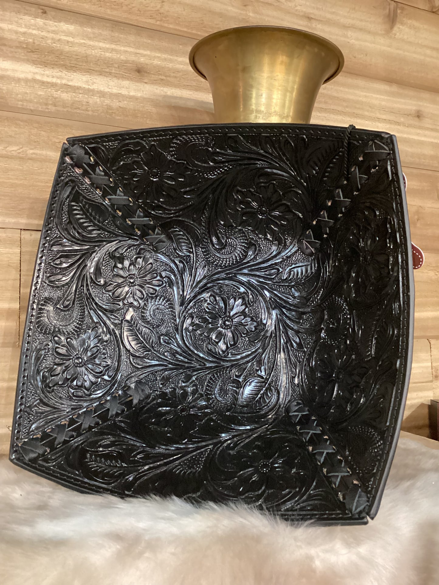 Dark Leather Tooled Basket