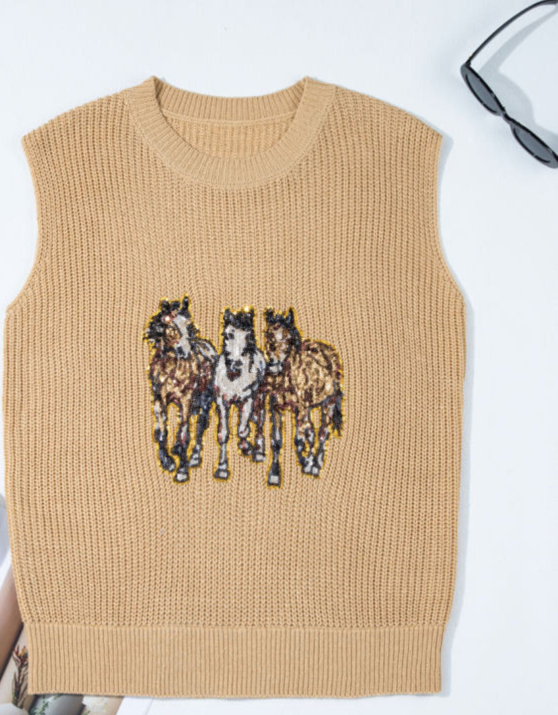 Parchment Sequin Horse Knitted Sweater Vest