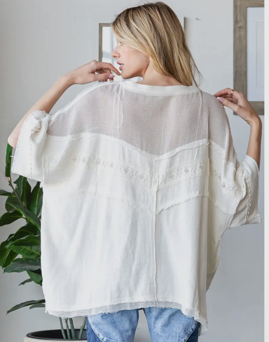 Washed Mix Media V Neck Casual Top