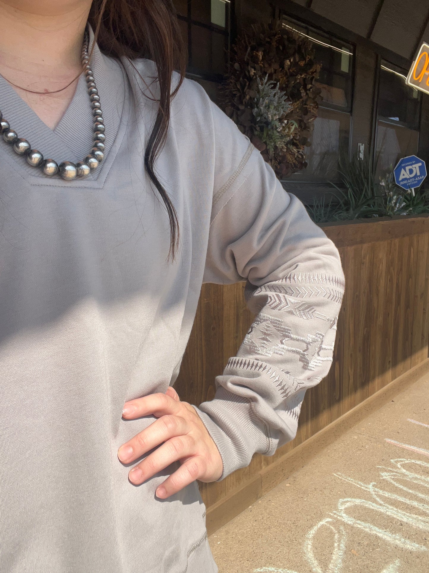 Embroidered Aztec Cutout Crewneck