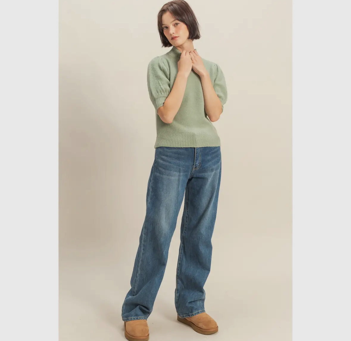 Short-Sleeve Ribbed Sweater with Puff Sleeves