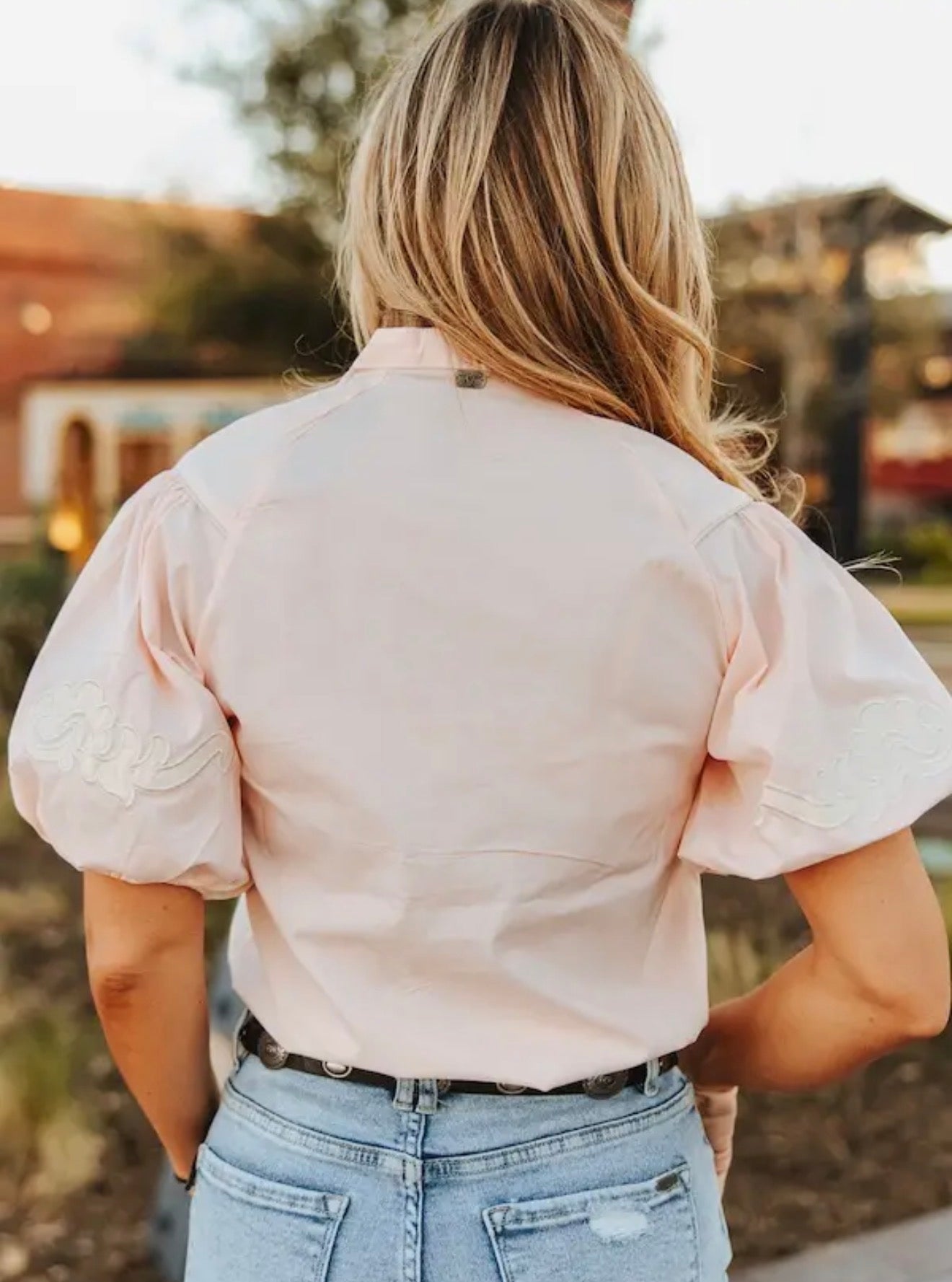 Lucky and Blessed Soft Pink Western Embroidered Detail Blouse