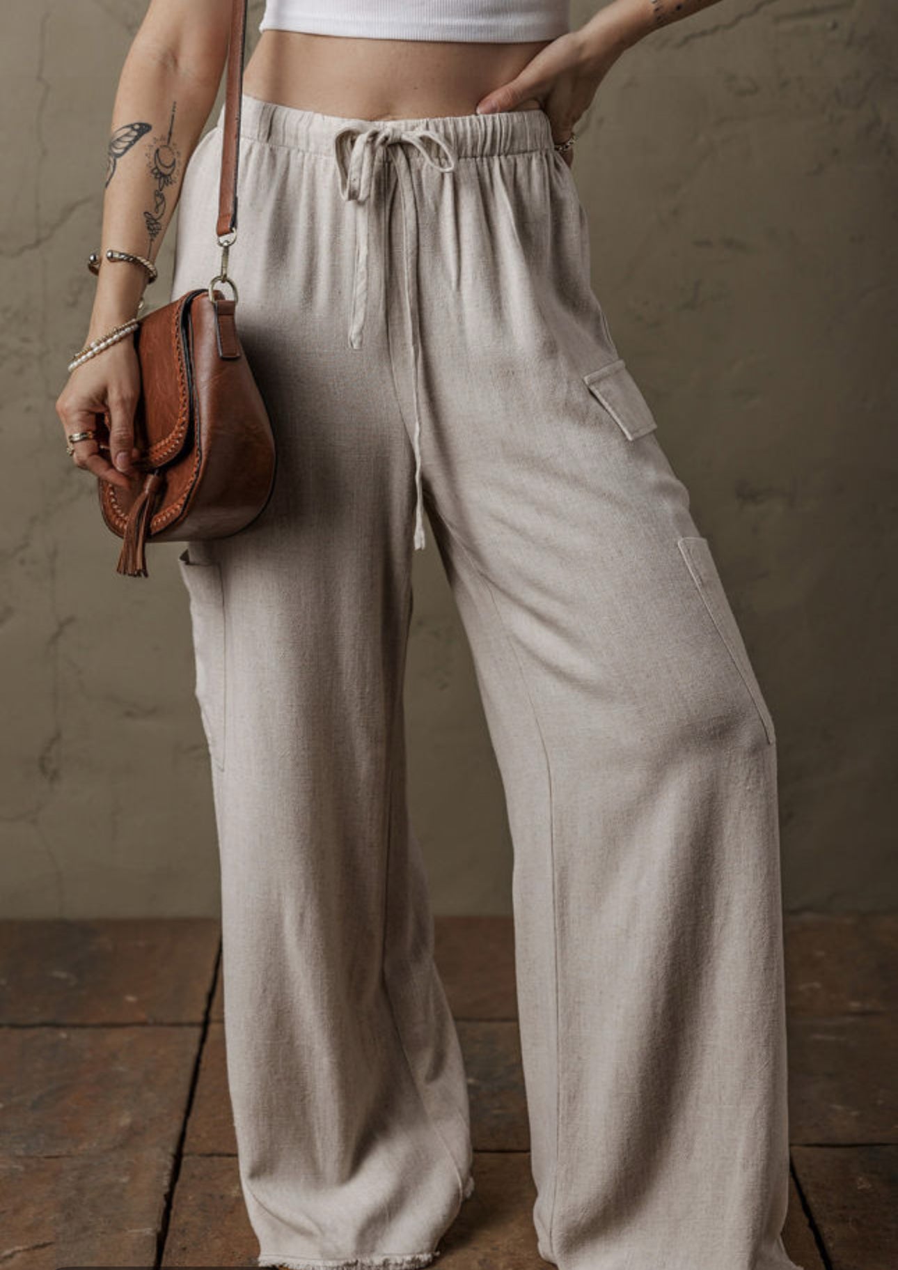 Beige Boho Linen Drawstring Waist
Raw Edge Cargo Loose Pants