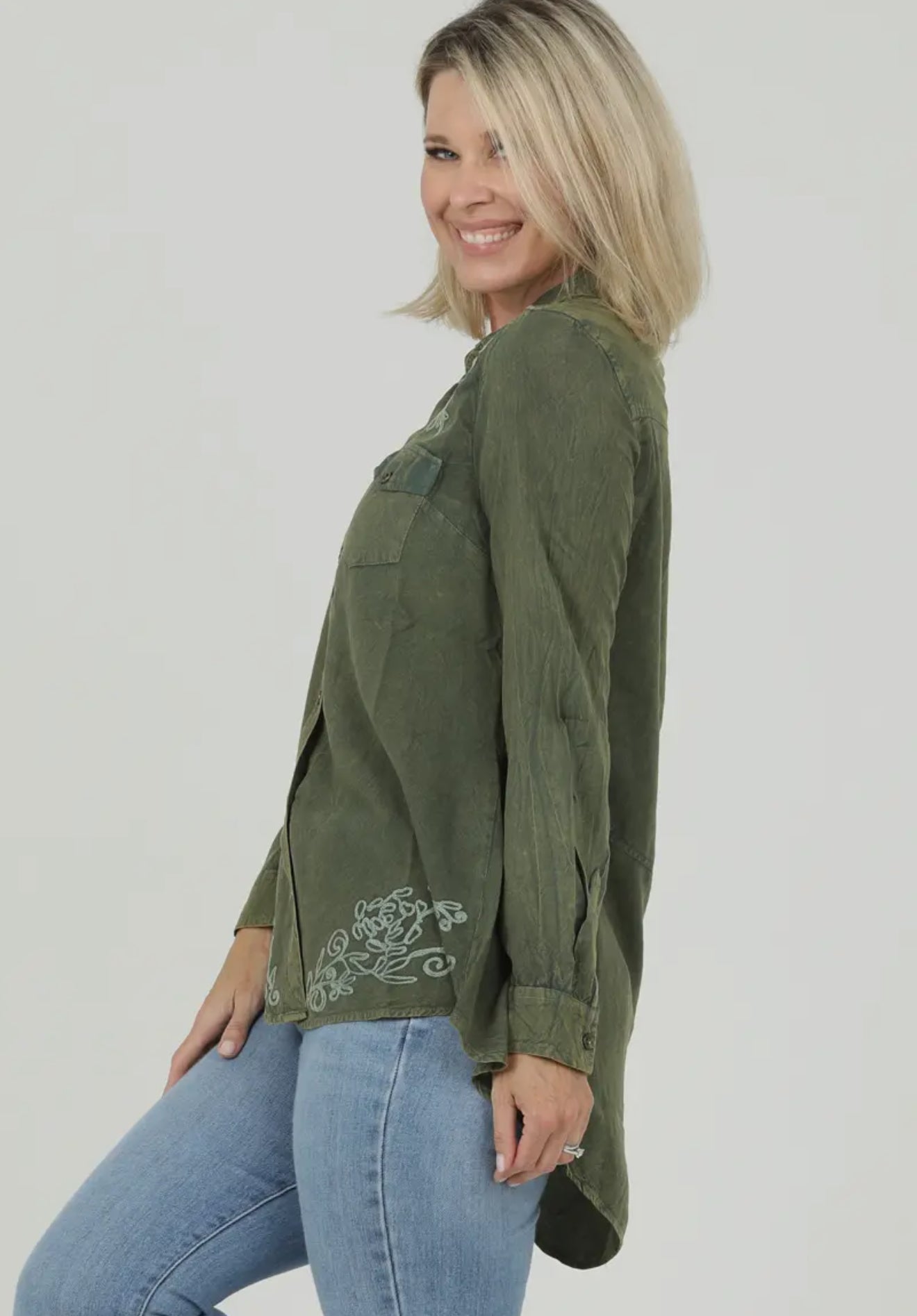 Nostalgia Women's Embroidered Button Front Hi Lo Hem Shirt