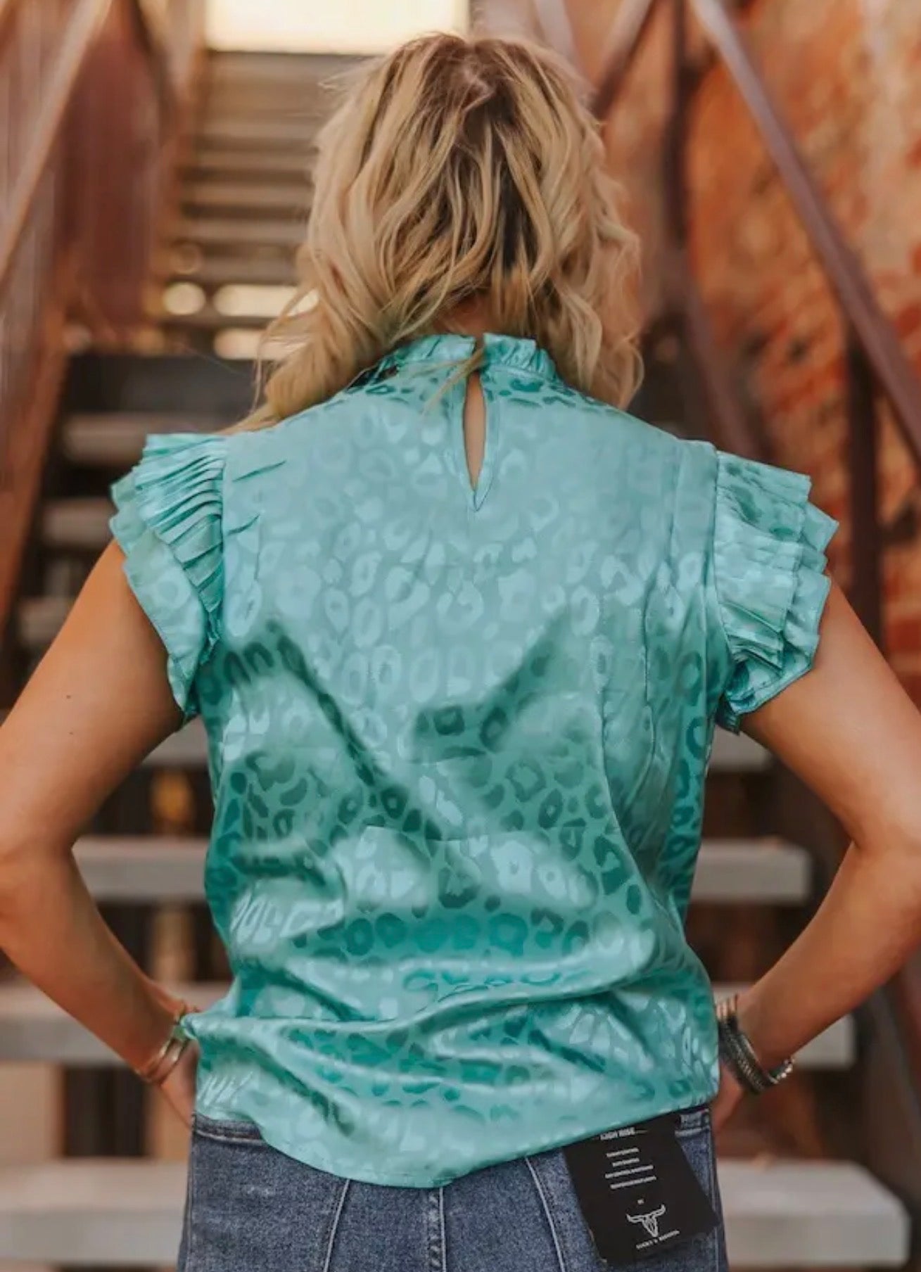 L & B Turquoise Leopard Satin Pleated Ruffle Top