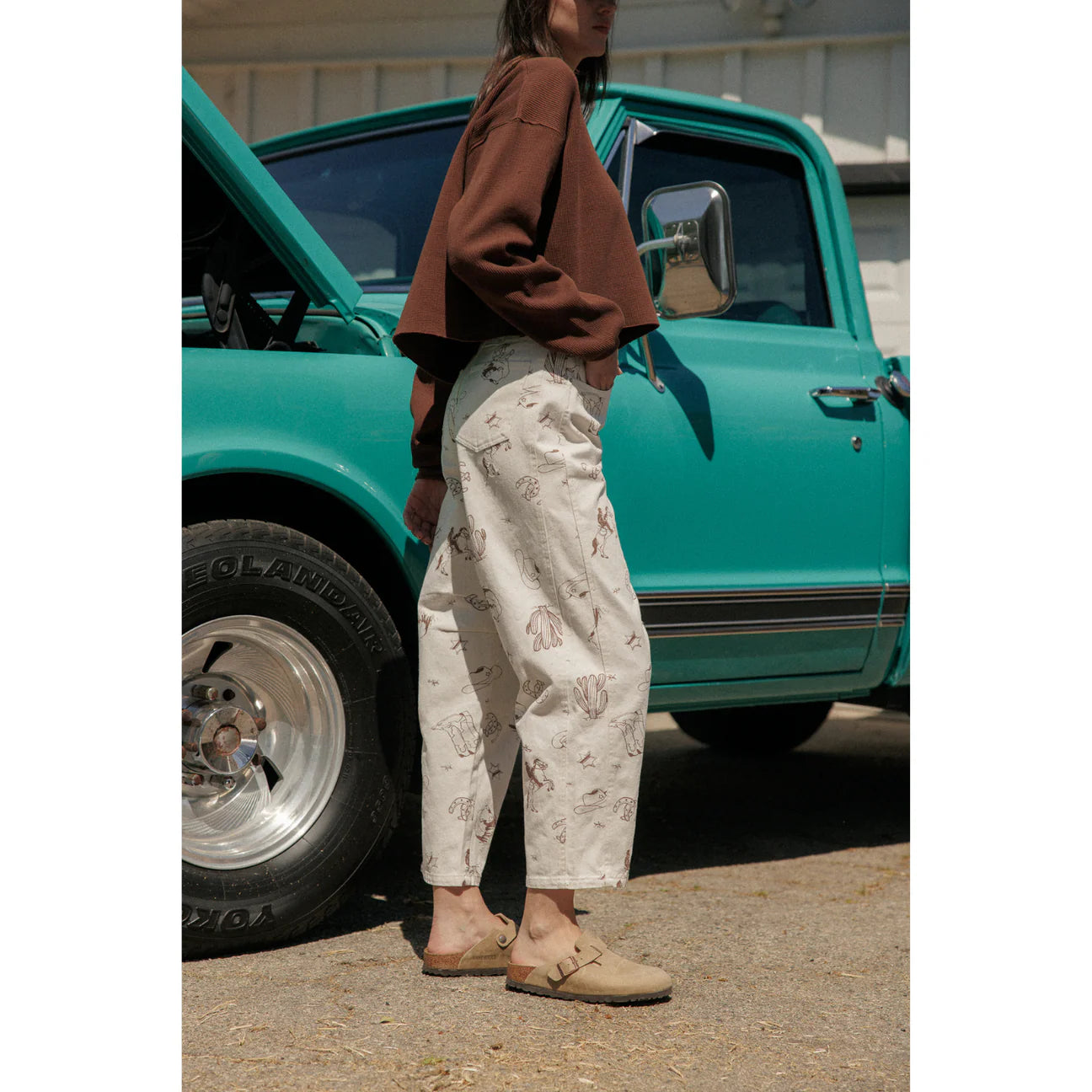 Western All Over Printed Barrel Pants - Ivory/Brown