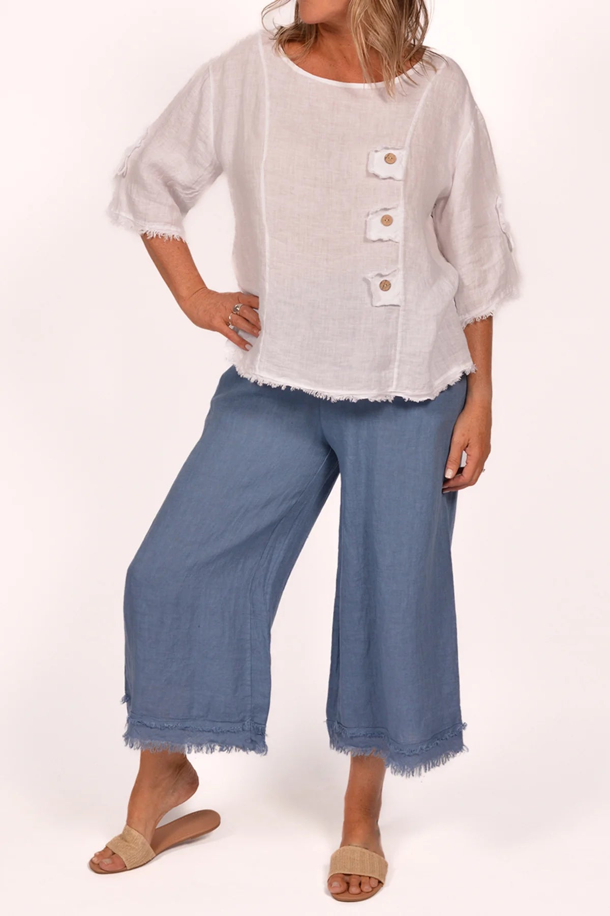 BE LINEN FRAYED EDGE PANTS Italy Collection O/S