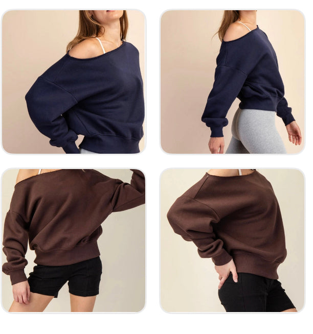 Rae Mode French Terry Fleece Off Shoulder Top Wide Neck Sweater