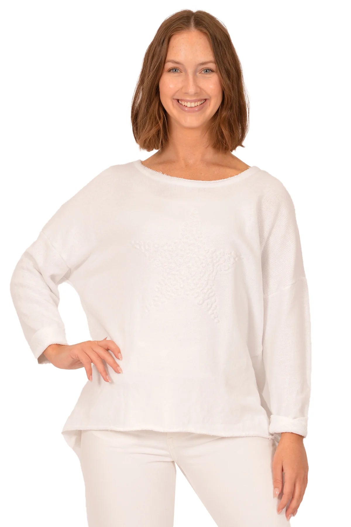 Made in Italy RAW EDGE SWEATER TOP W/STAR O/S