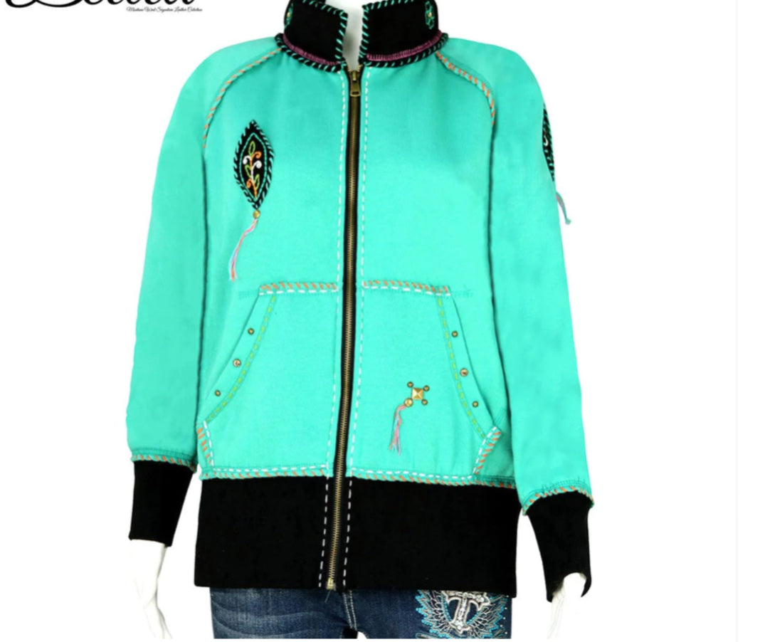 Pink Hand Embroidered Fleece Jacket Floral Medallion Collection