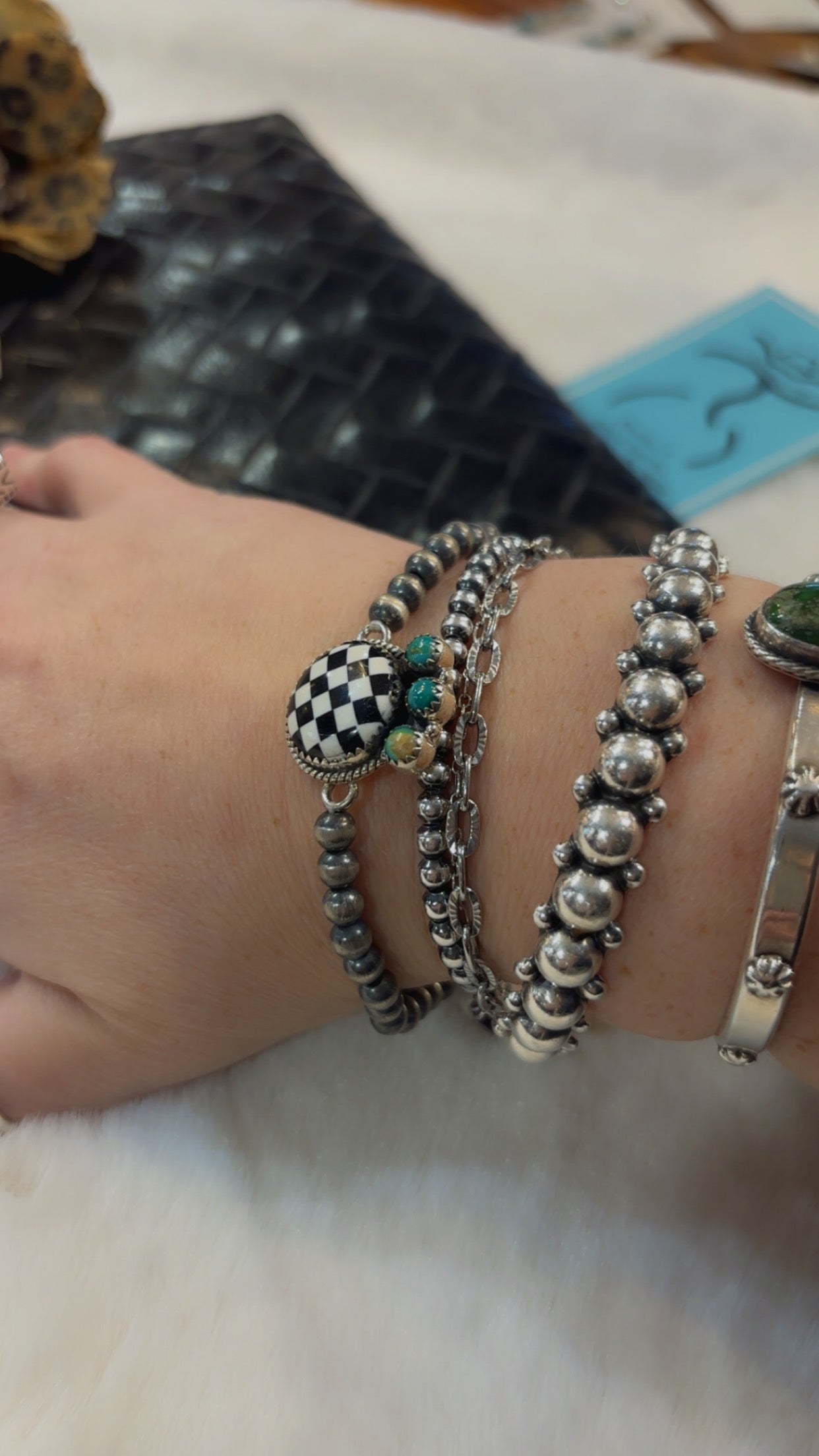 4mm 7.5” Sterling Silver HandStrungKingman Turquoise Checkered Bead Bracelet