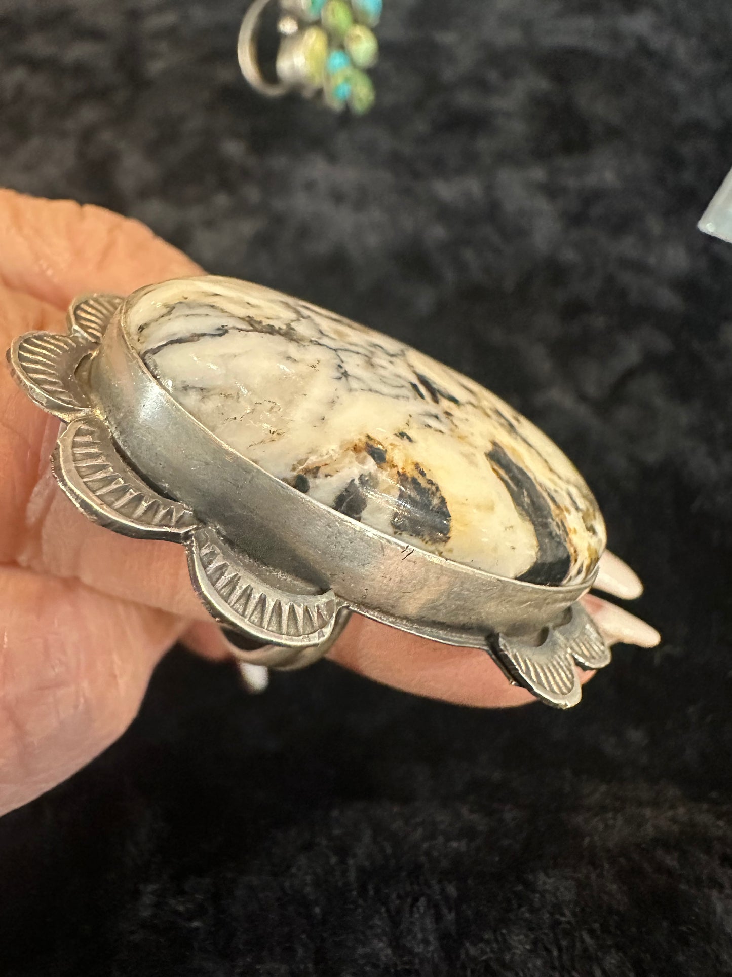 Sterling Silver Navajo Marked Handmade White Buffalo Adjustable Ring