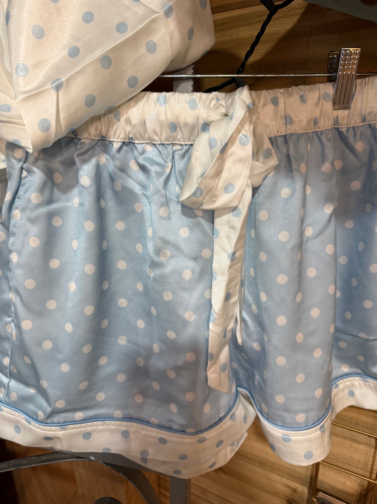 Blue Polka Dot Satin Tie Front Ruffle Cuff Pajama Set