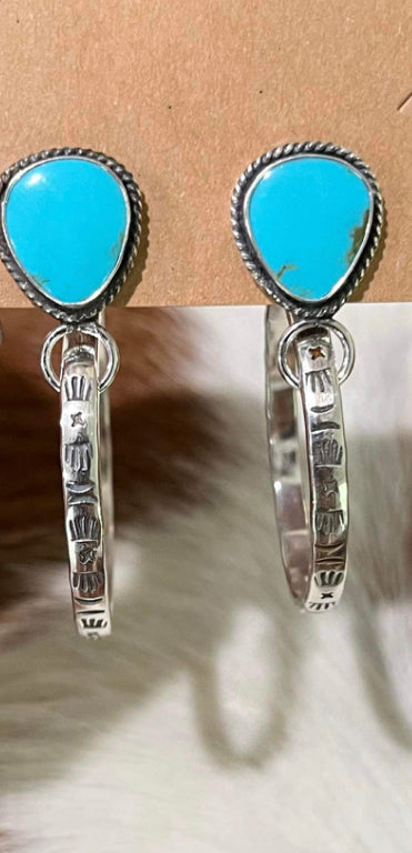 Navajo handmade hand-stamped sterling silver Sonoran Gem hoop earrings
