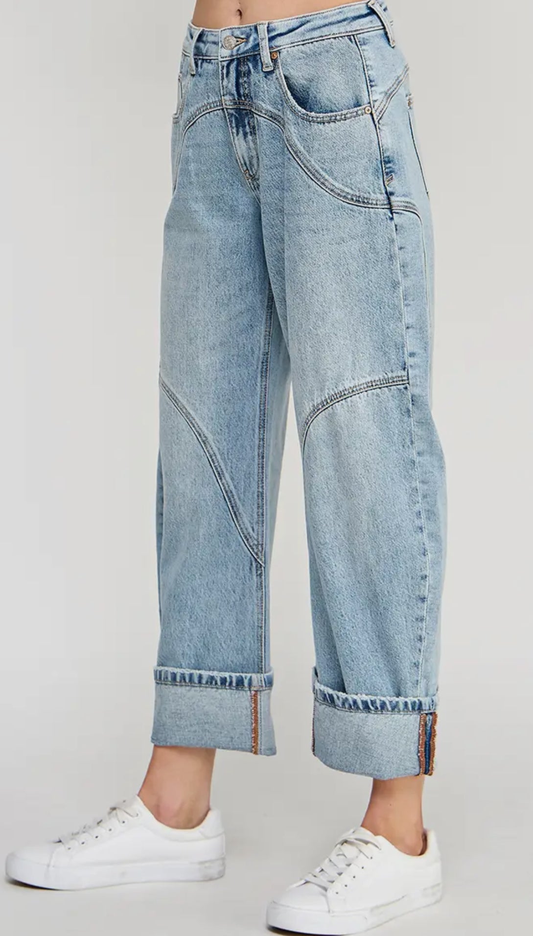 Saige Light Wash High Rise Cuffed Barrel Jeans