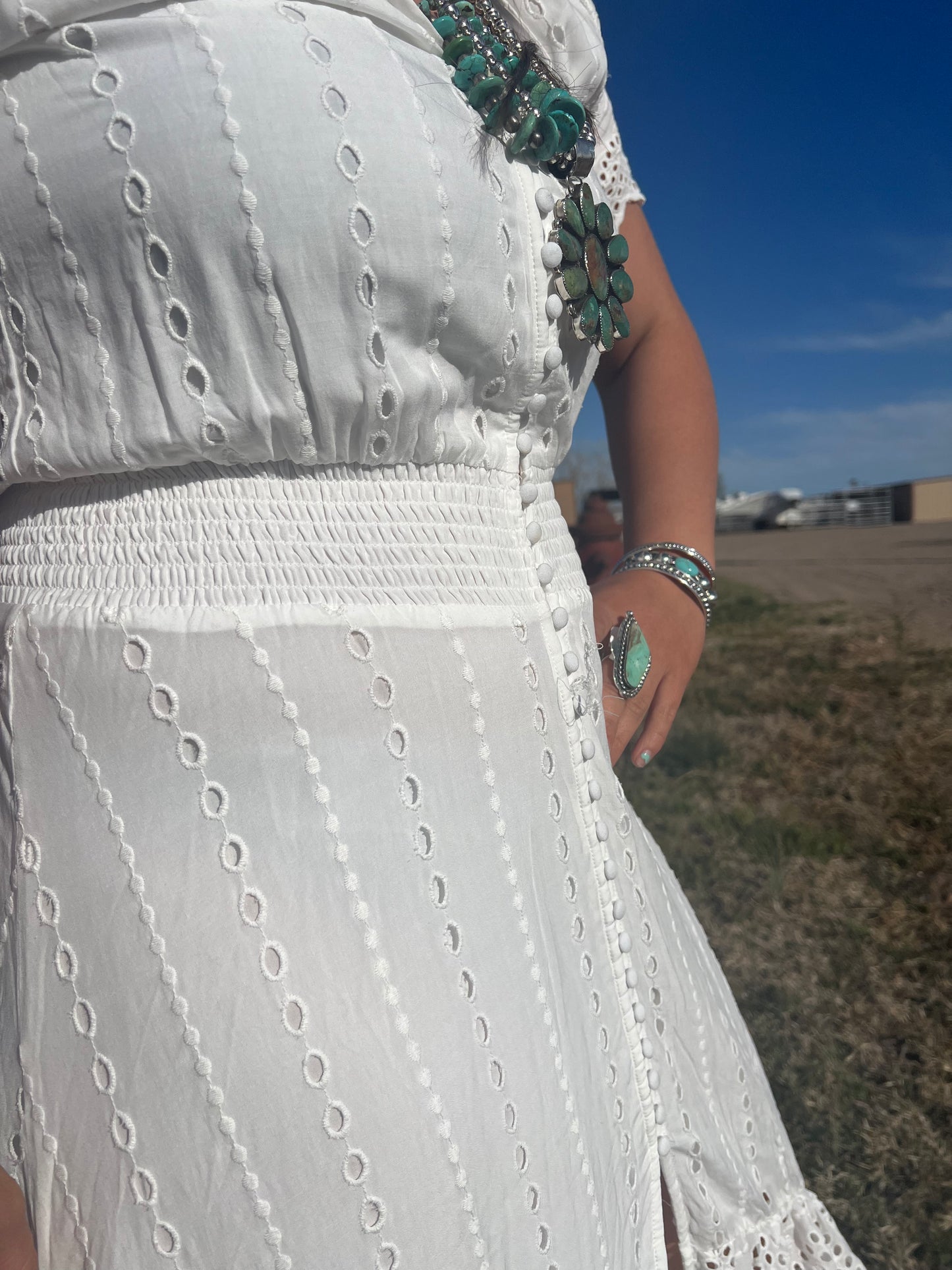 White long lace western button dress