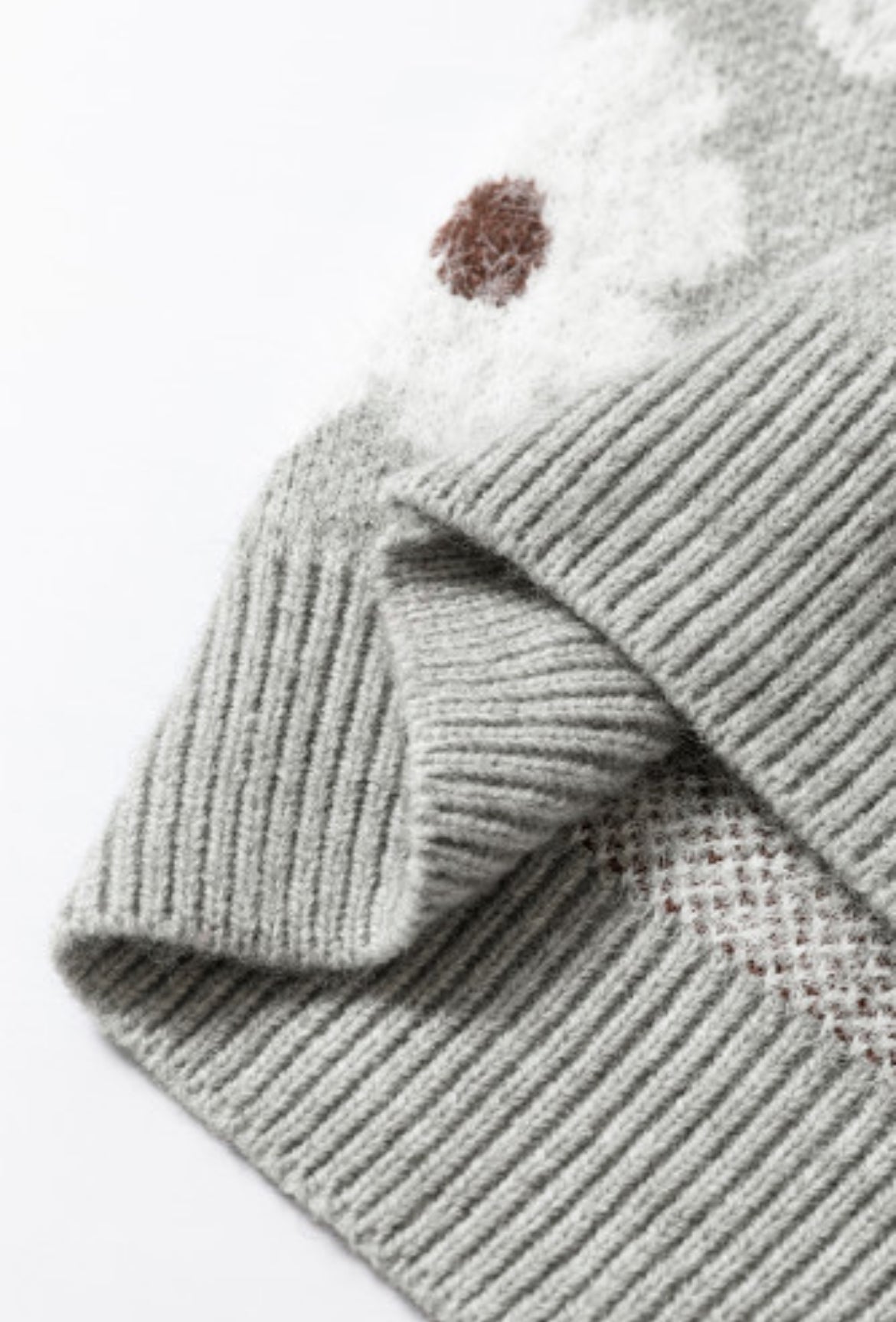 Gray Floral Half Zip Drop Shoulder Sweater