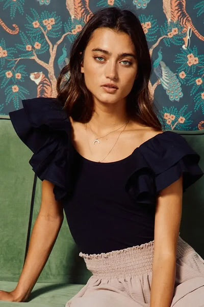 Black Ruffled Sleeve Ribbed Top
