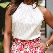 Beige Frenchy Lace Trim Textured Halter Top