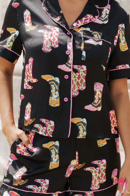 Black Western Boots Printed Short Pajama Set