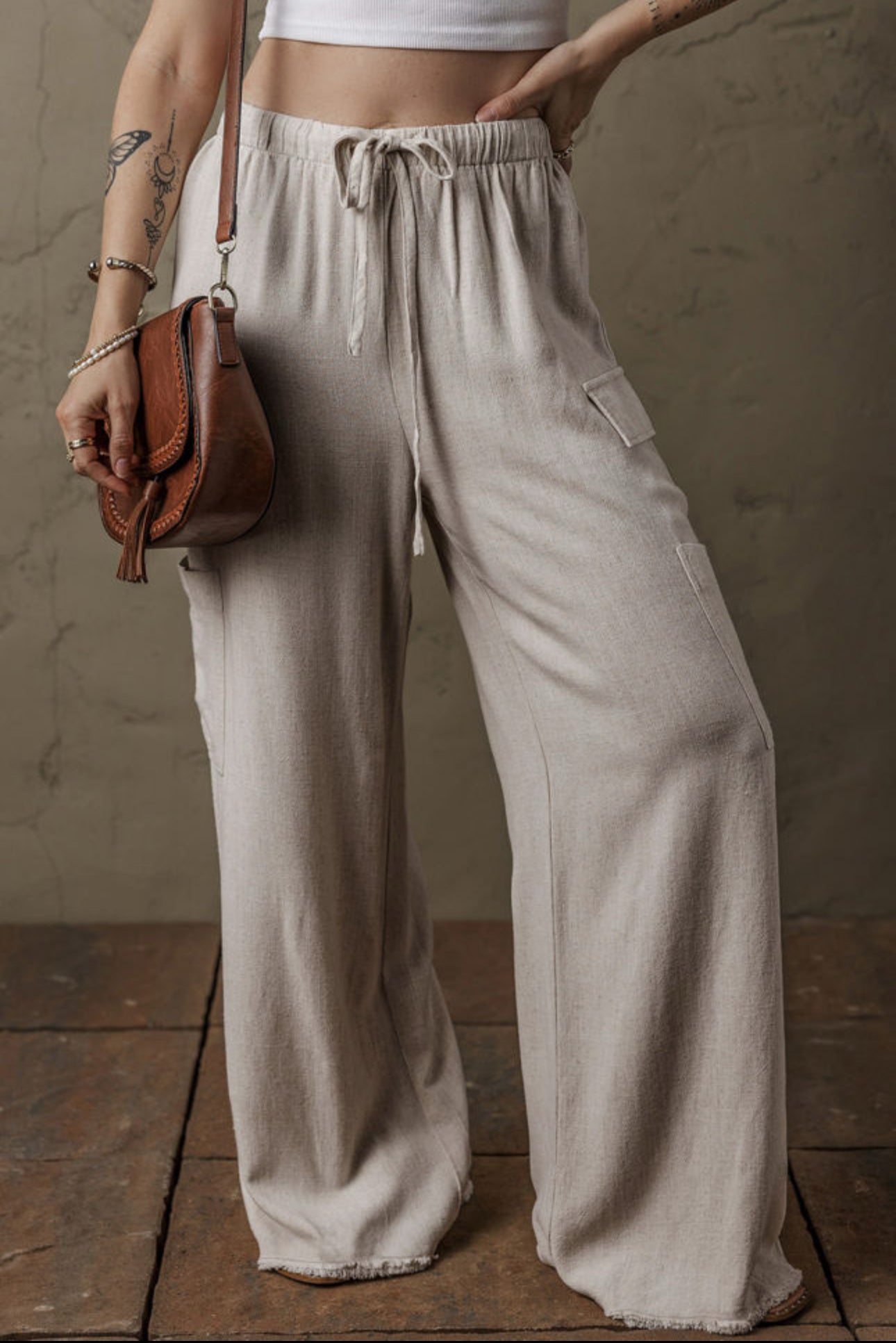 Beige Boho Linen Drawstring Waist
Raw Edge Cargo Loose Pants