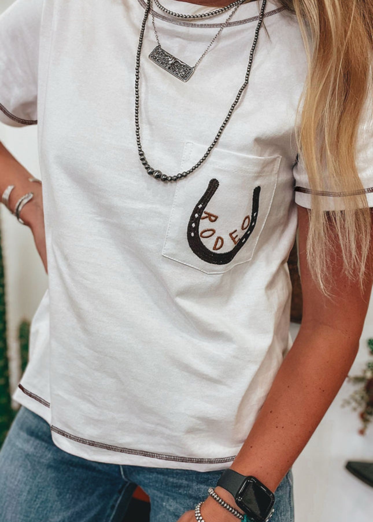 White Rodeo Horseshoe Embroidered Tee