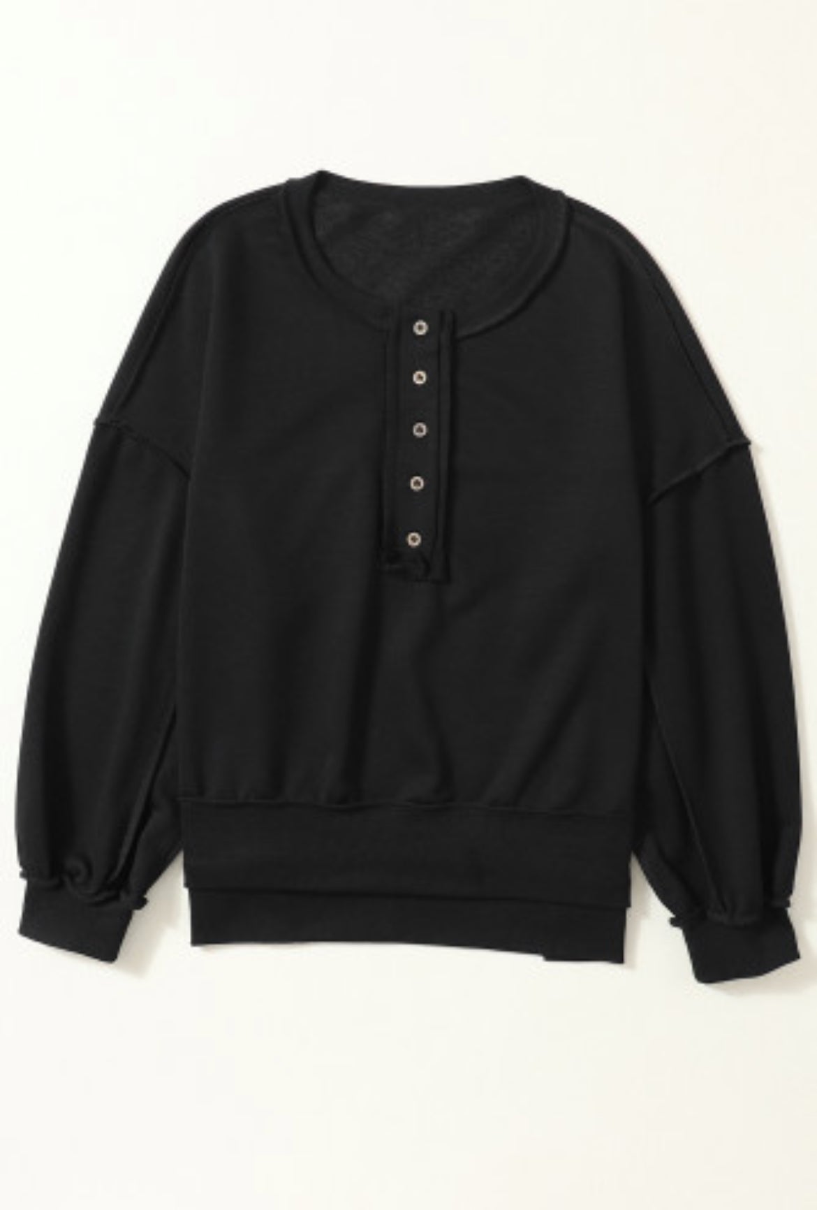 Black Drop Shoulder Henley Buttons Sweatshirt